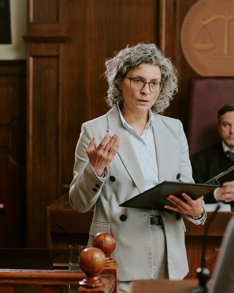 Caucasian middle aged woman lawyer addressing courtroom while holding folder, Caucasian teenage boy sitting at witness stand, judge and another woman present in background